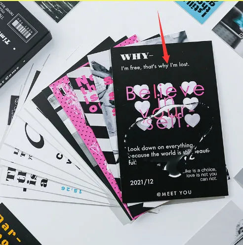 Box containing two fresh style printed postcard designs: Time Not Arrived and Warm Wind Not Exhausted.