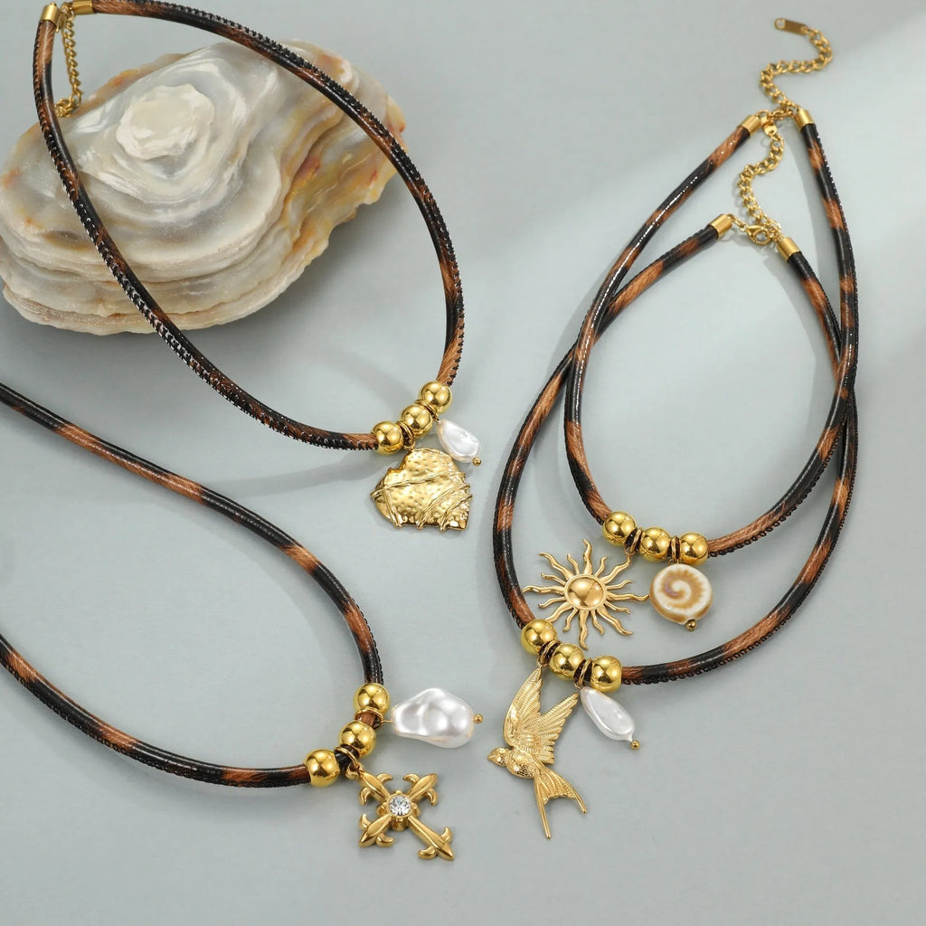Women's geometric leopard pattern stainless steel necklace with gold electroplated finish on adjustable chain