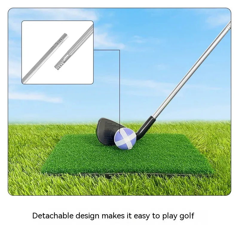 Metal golf training club set showing adult and children's versions for outdoor practice