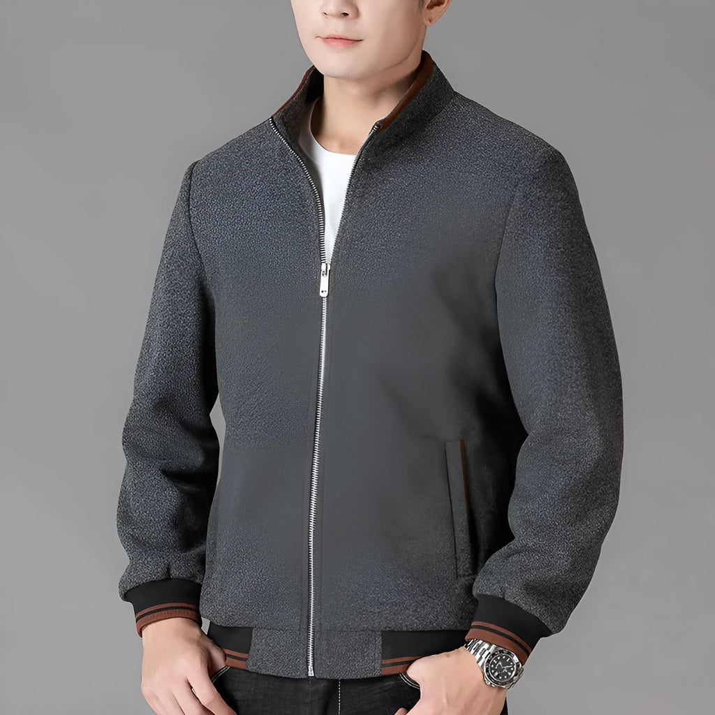 Men's autumn wool fleece jacket in sports style with long sleeves shown in grey colour