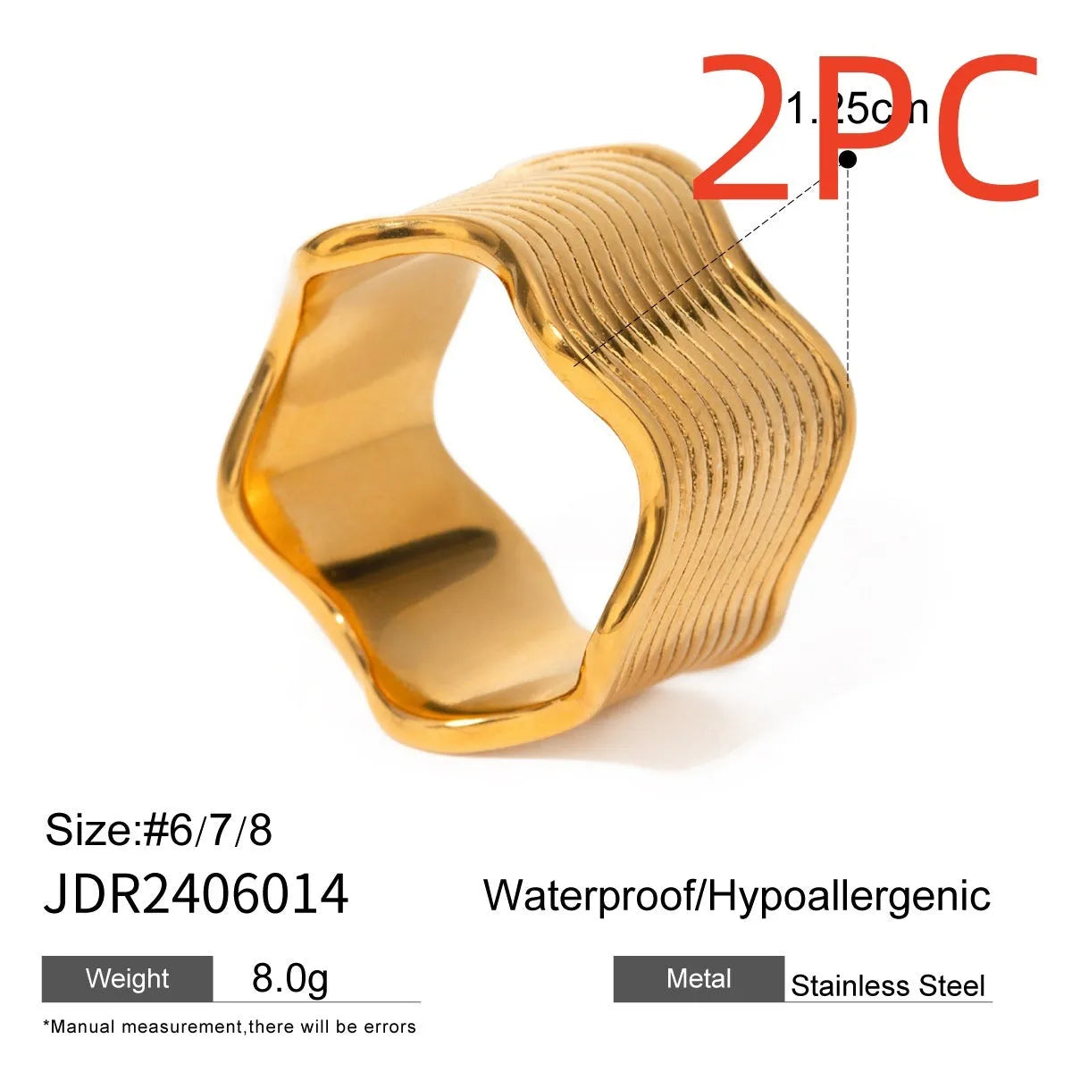 Stainless steel wide band ring with geometric wave pattern design
