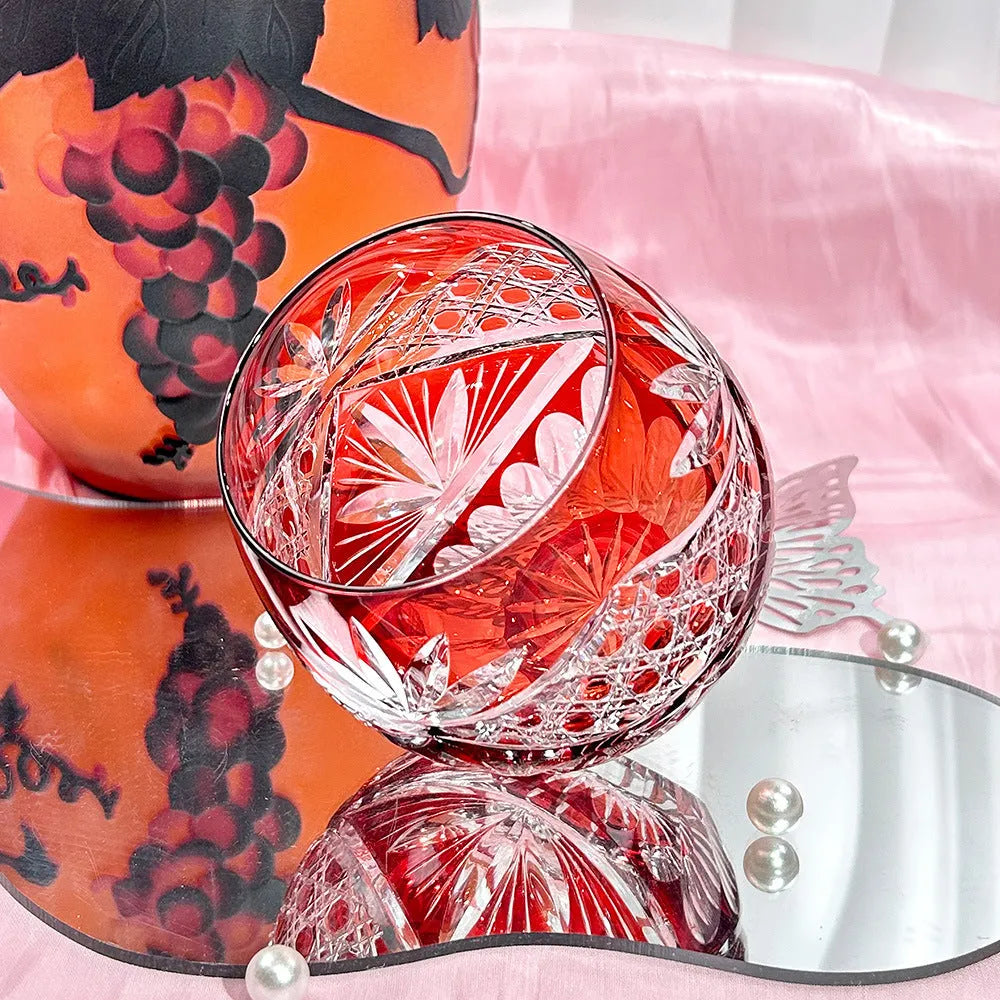 Crystal glass cup with carved pattern, cylindrical shape, 96x65mm, in red and violet colours