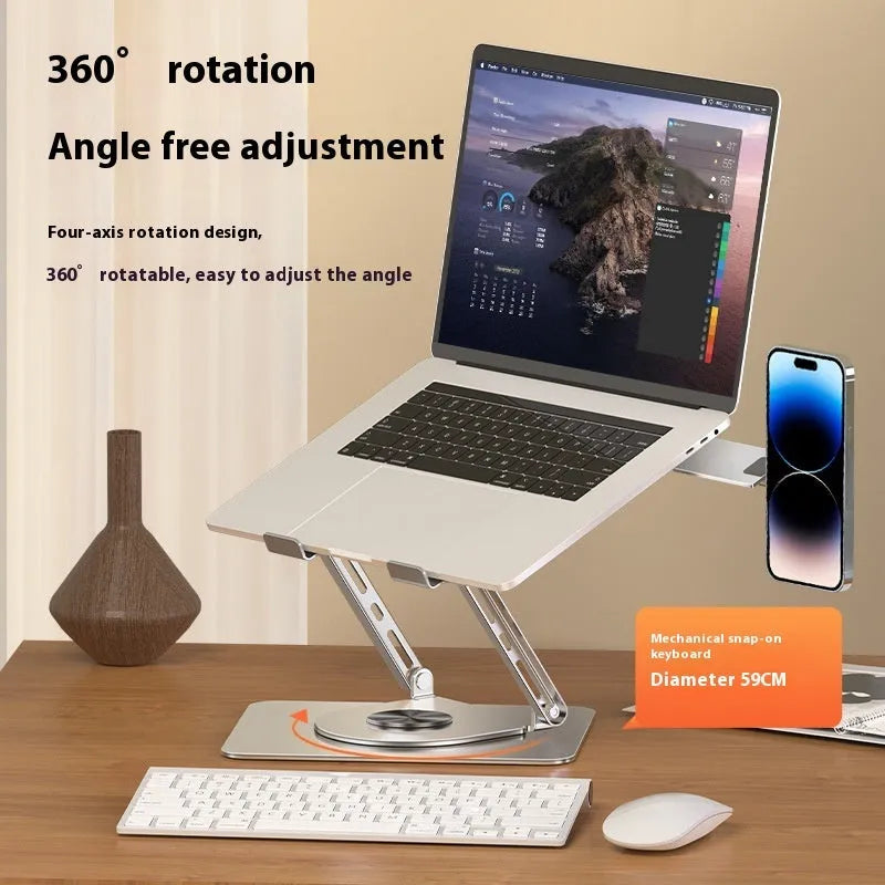 Silver carbon steel laptop stand with a side-mounted magnetic phone holder rotated to show its 360-degree movement.