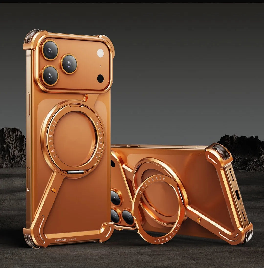 iPhone 17 Pro Max metal phone case with magnetic bracket in electroplated finish