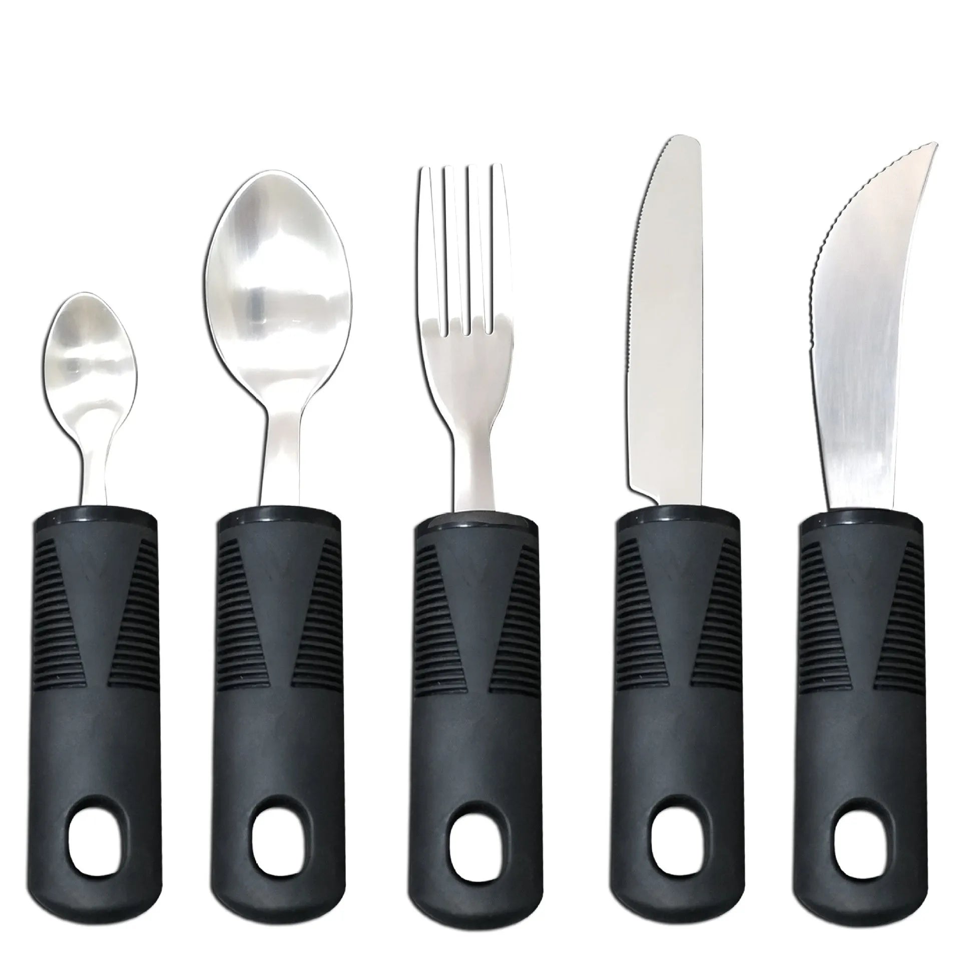 Stainless steel adaptive eating utensils with rubber anti-shake handles for elderly dining assistance