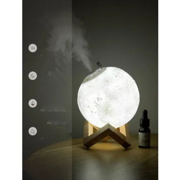 Wood finish lunar humidifier night light showing spherical design with mist output and LED illumination