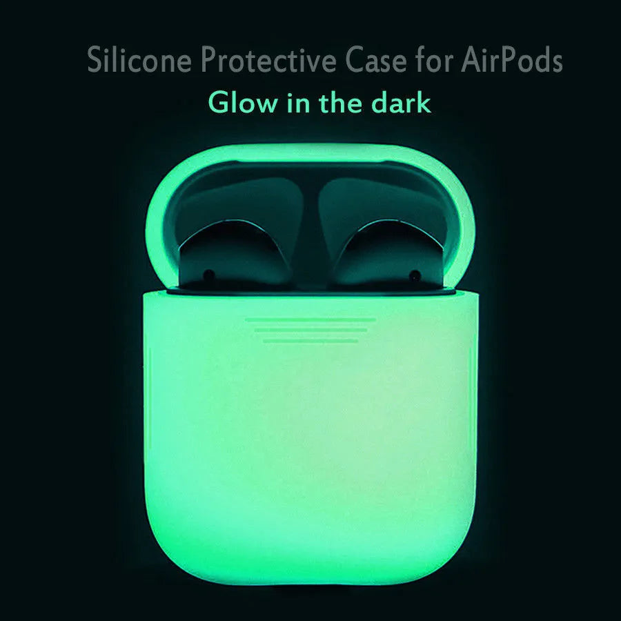 Luminous silicone protective case for Apple AirPods with flip-top design glowing in dark