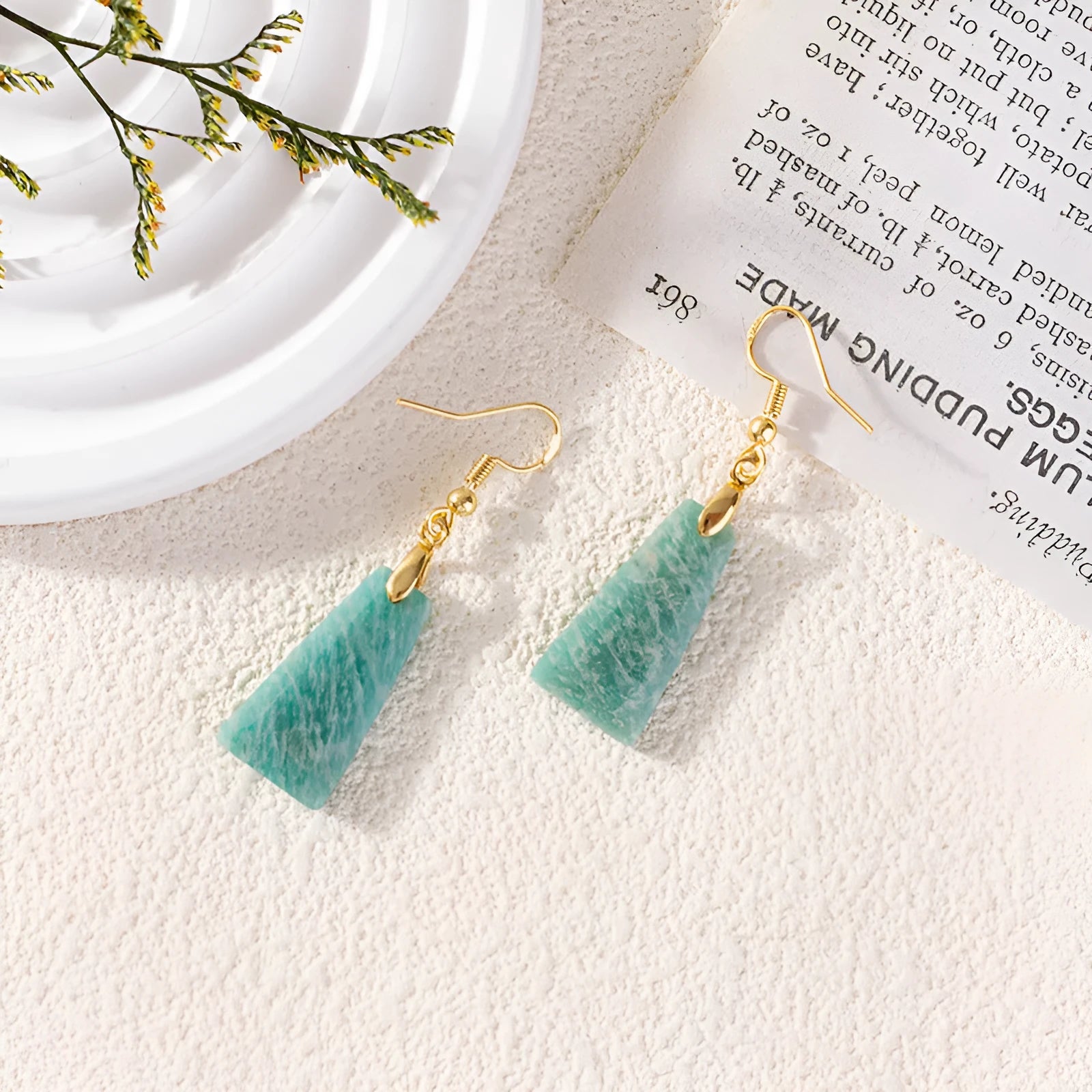 Amazonite rough stone geometric trapezoid earrings with octagon and quadrangle design in gold or silver finish