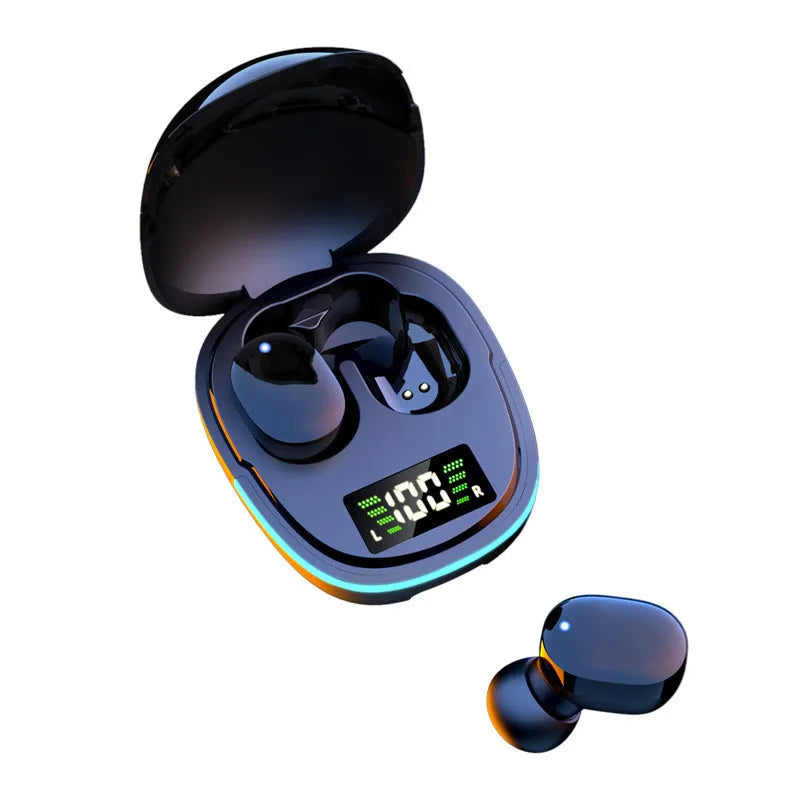 Black true wireless Bluetooth earbuds with charging case showing magnetic contacts