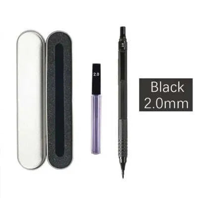 Metal automatic mechanical pencil showing barrel detail and lead size options from 0.5mm to 2.0mm