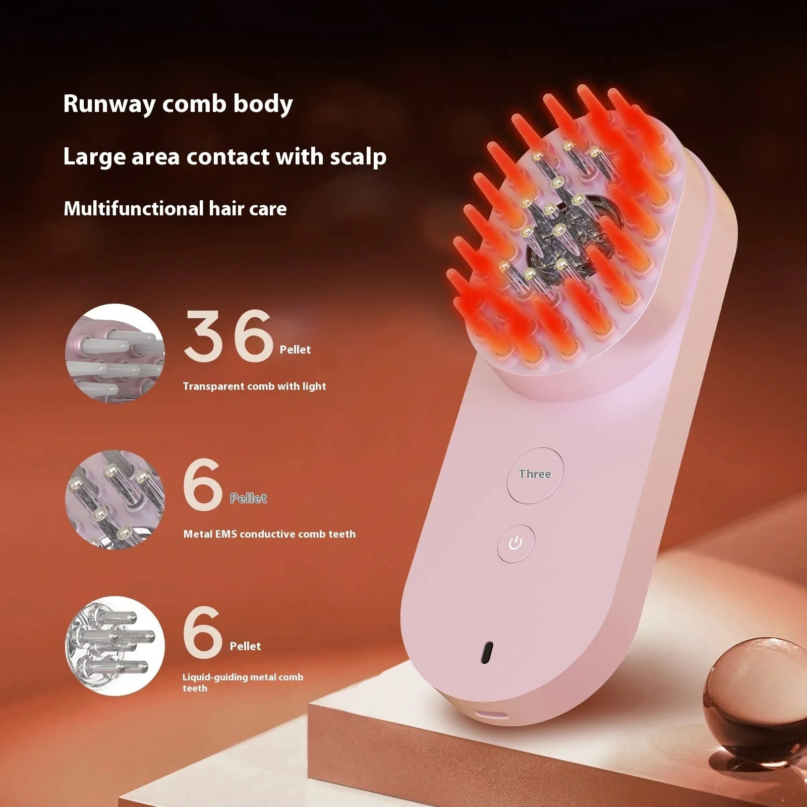 Smart massage comb with red light therapy and fluffy bristles, black and pink options under 10cm size