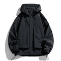 Men's black waterproof hooded jacket with long sleeves on a hanger.