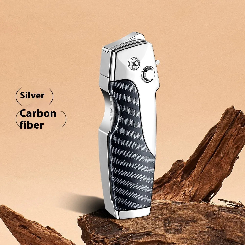 Zinc alloy folding knife and jet lighter multi-tool in black with wood grain finish, showing closed position.
