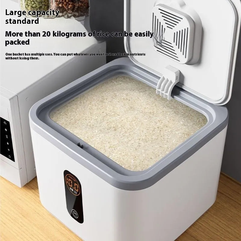 Grey plastic rice storage jar with lid and measuring cup for 10kg, 20kg, or 30kg capacity.