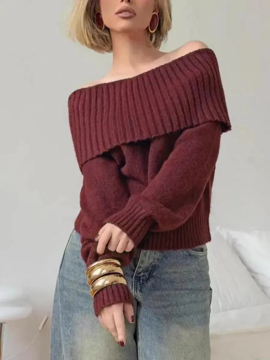 Grey off-the-shoulder women's sweater with 3D pattern and strapless design