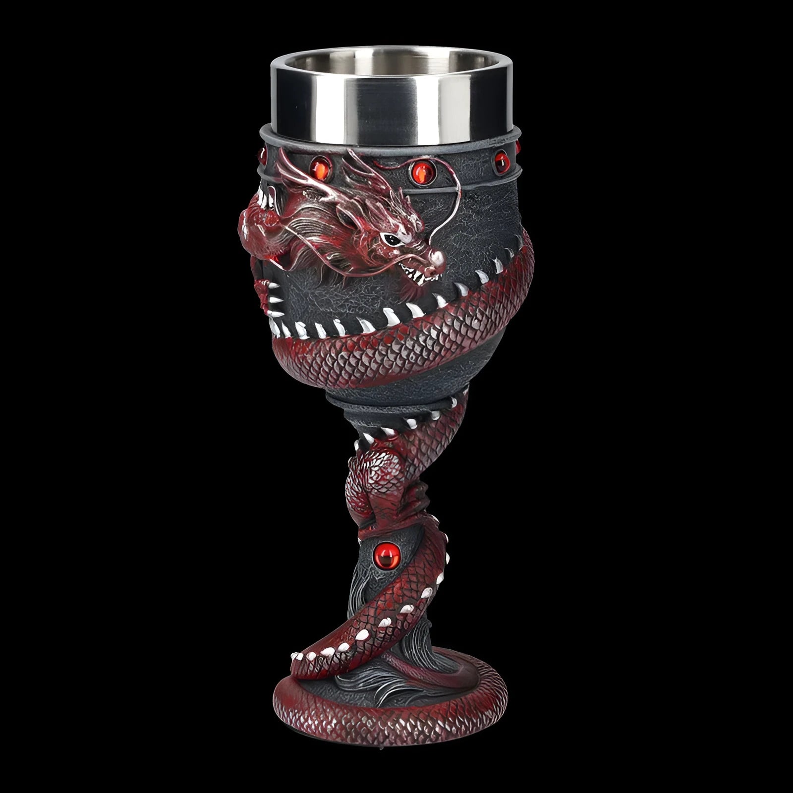 Red wine glass with gold 3D dragon resin design on stainless steel base.