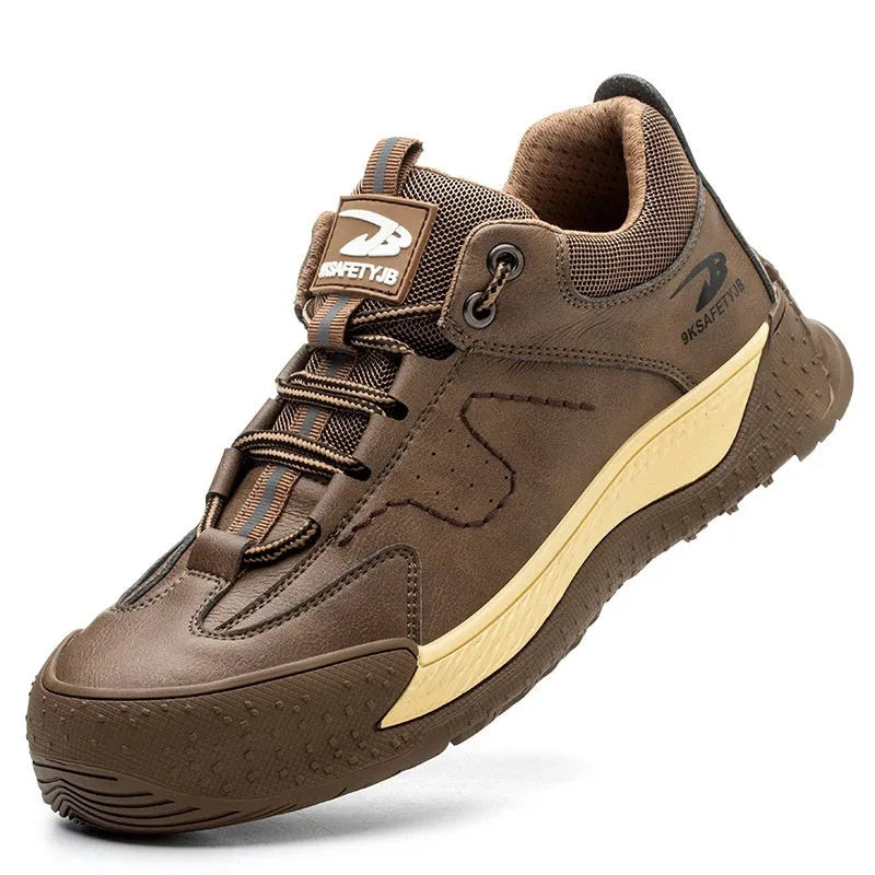Leather safety work shoes with rubber soles in black, brown, grey, and khaki colours available in sizes 36-46