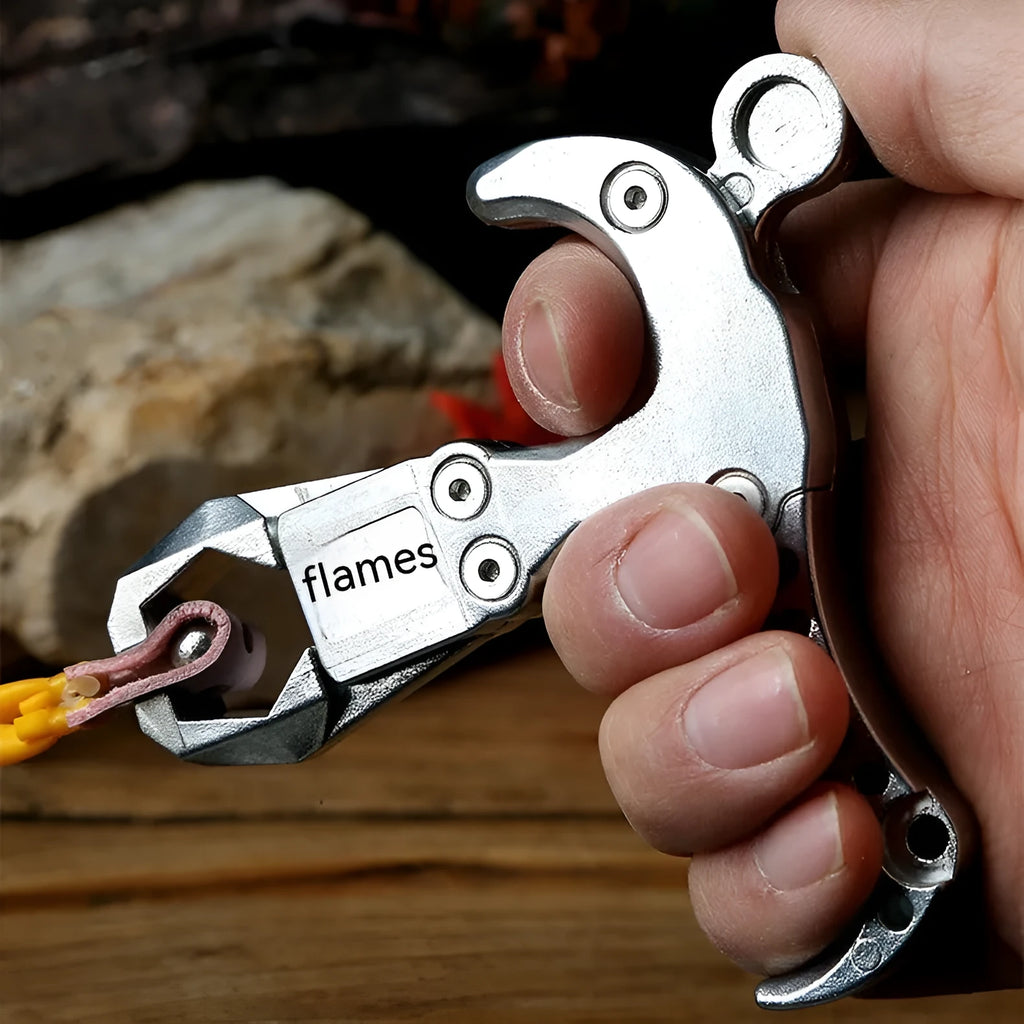 Zinc alloy archery release aid with a two-axis harpoon clip on a white background