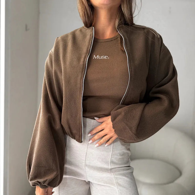 Women's off-shoulder casual coat with lantern sleeves in brown colour, loose Japanese Korean style