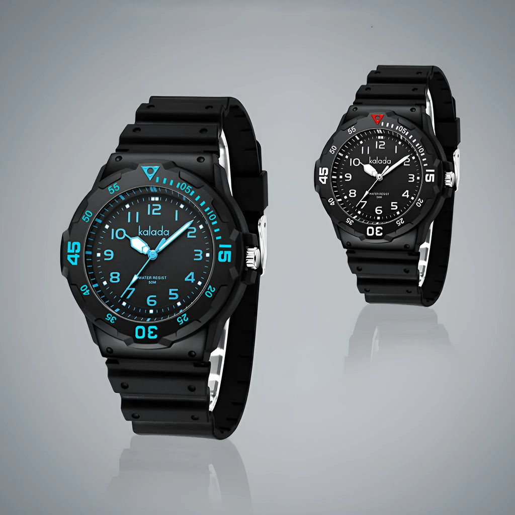 Men's sports luminous pointer quartz watch with black dial and sports bracelet