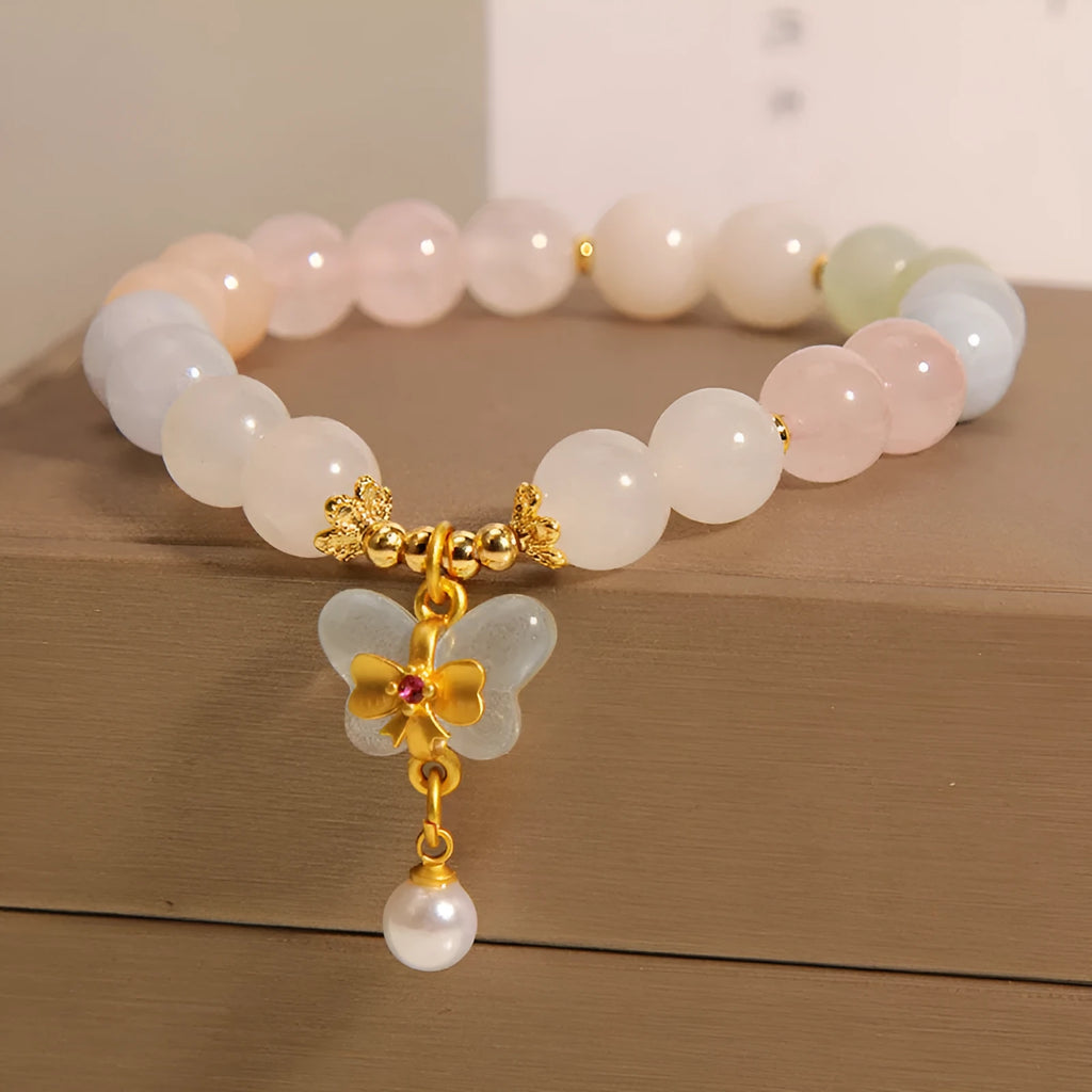 Colourful Morganite crystal bracelet with butterfly pendant for women