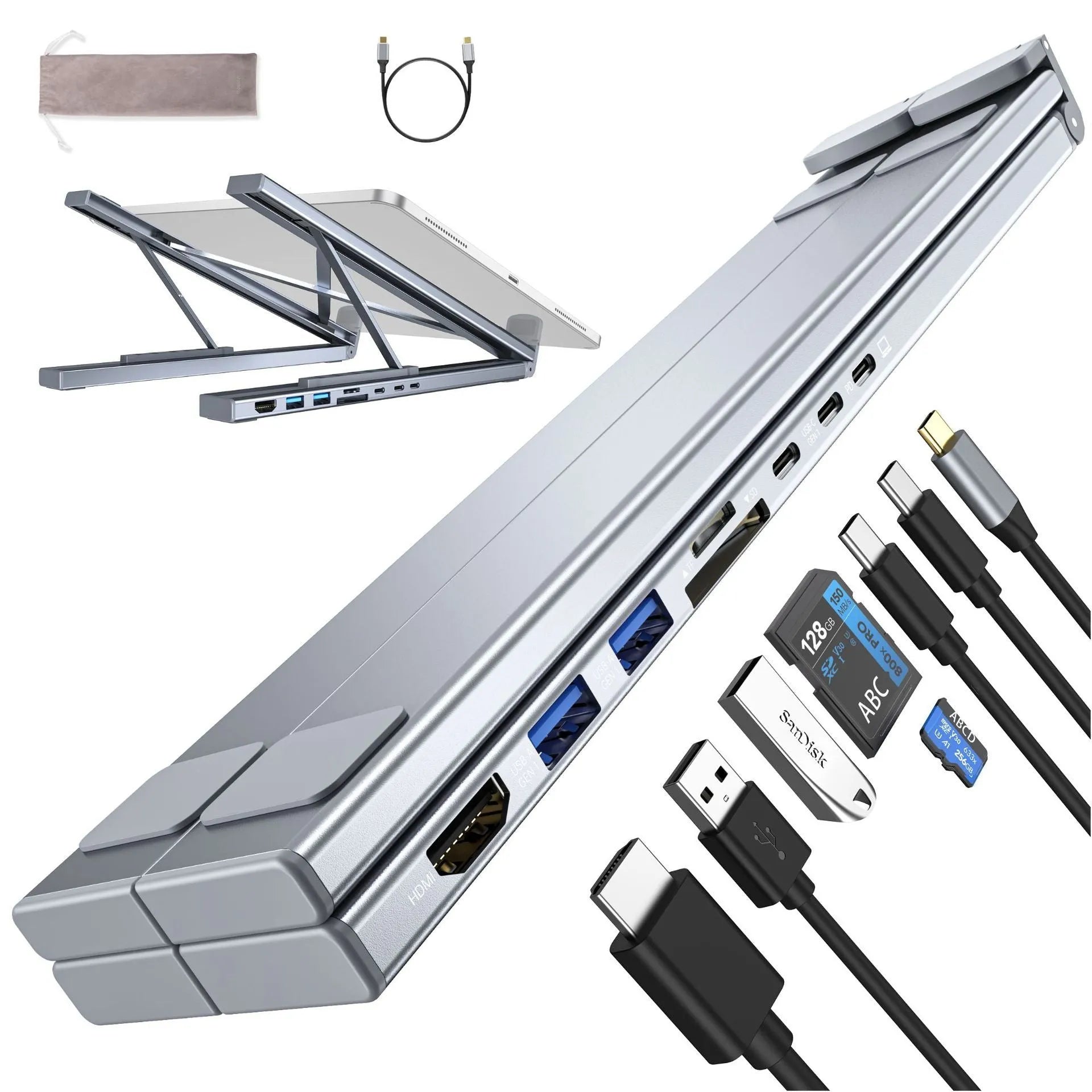 Aluminium alloy laptop docking station stand with 8-in-1 hub ports and folding design