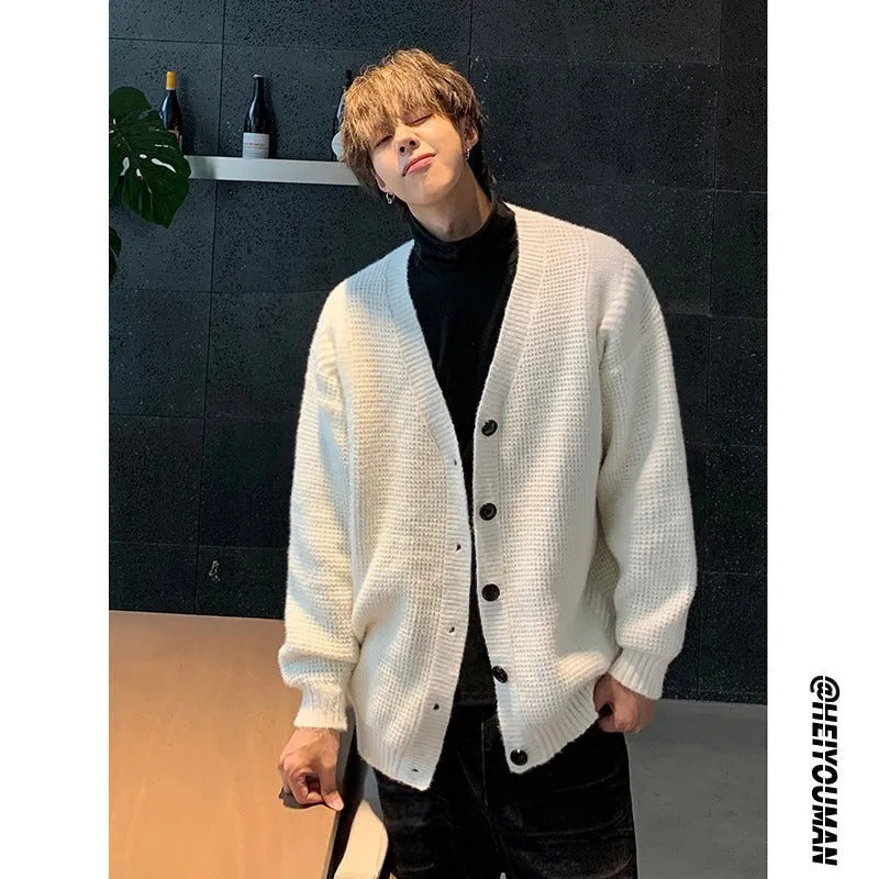 Men's loose fit casual cardigan sweater in army green, shown on a hanger.