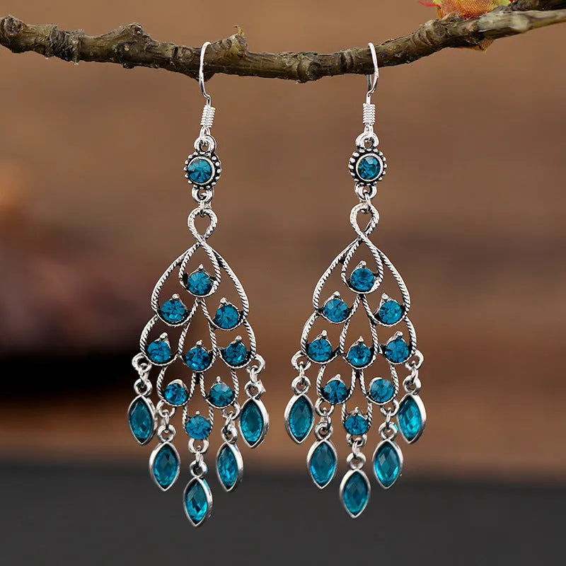 Purple retro drop earrings with long crystal fringe ethnic style jewellery