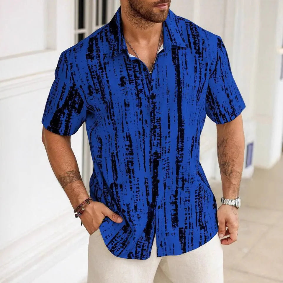 Men's short sleeve casual shirt with 3D printed stripe pattern in polyester fabric