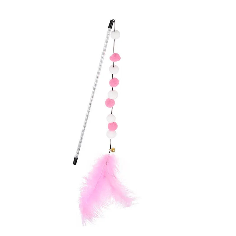 31cm long cat teaser interactive toy rod with feather, pompon, and bell attachments