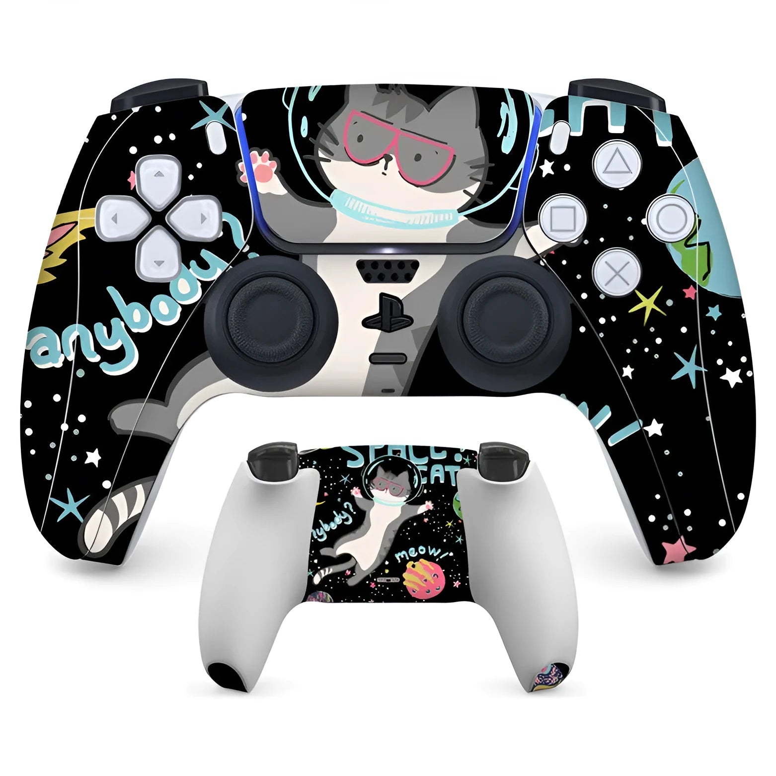 PS5 controller with anti-scratch PVC handle stickers applied, showing one of eight available design styles.