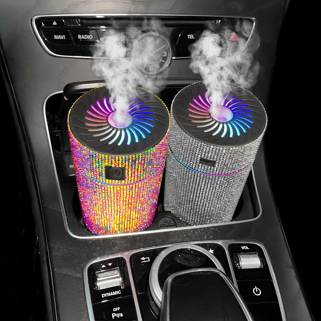 Car mounted air purification humidifier in various colour diamond finishes with 12V USB power cord