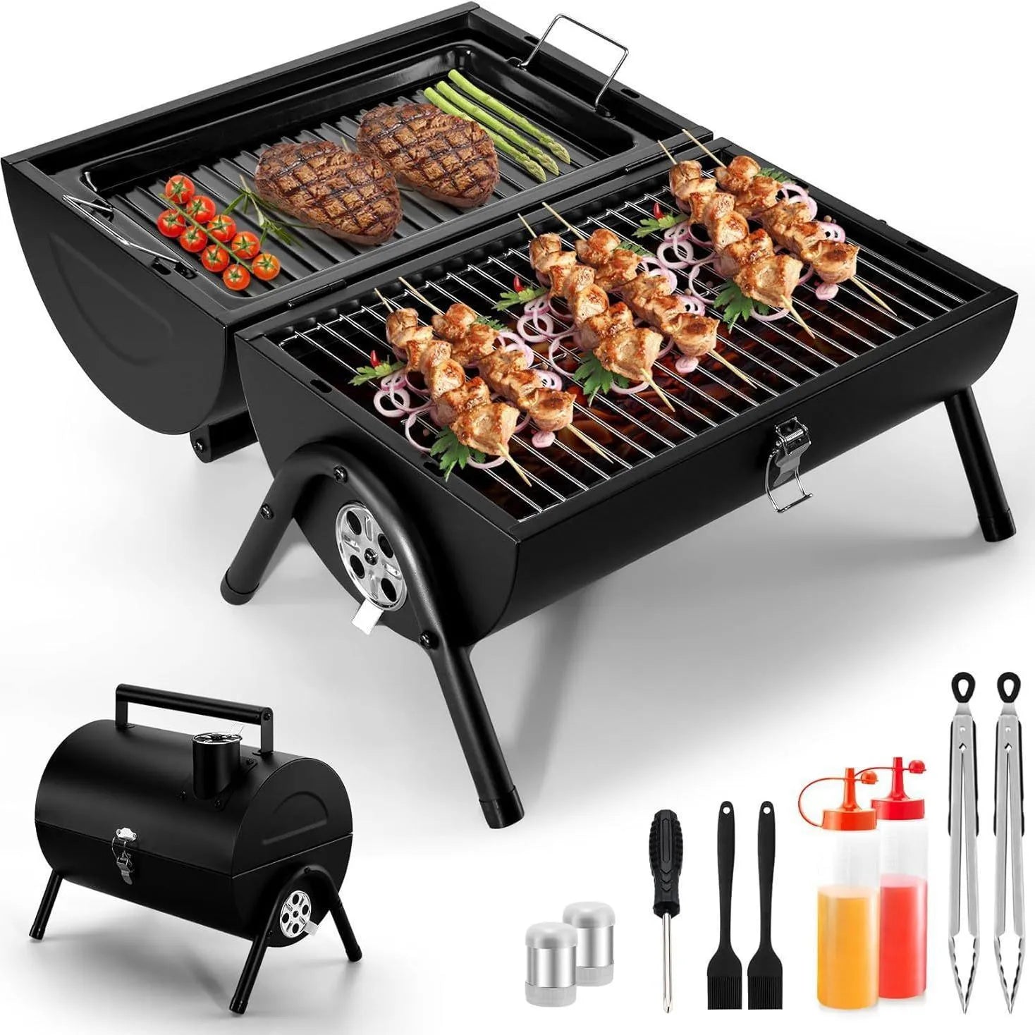 Small folding desktop charcoal barbecue smoking device with grill shown in open cooking position