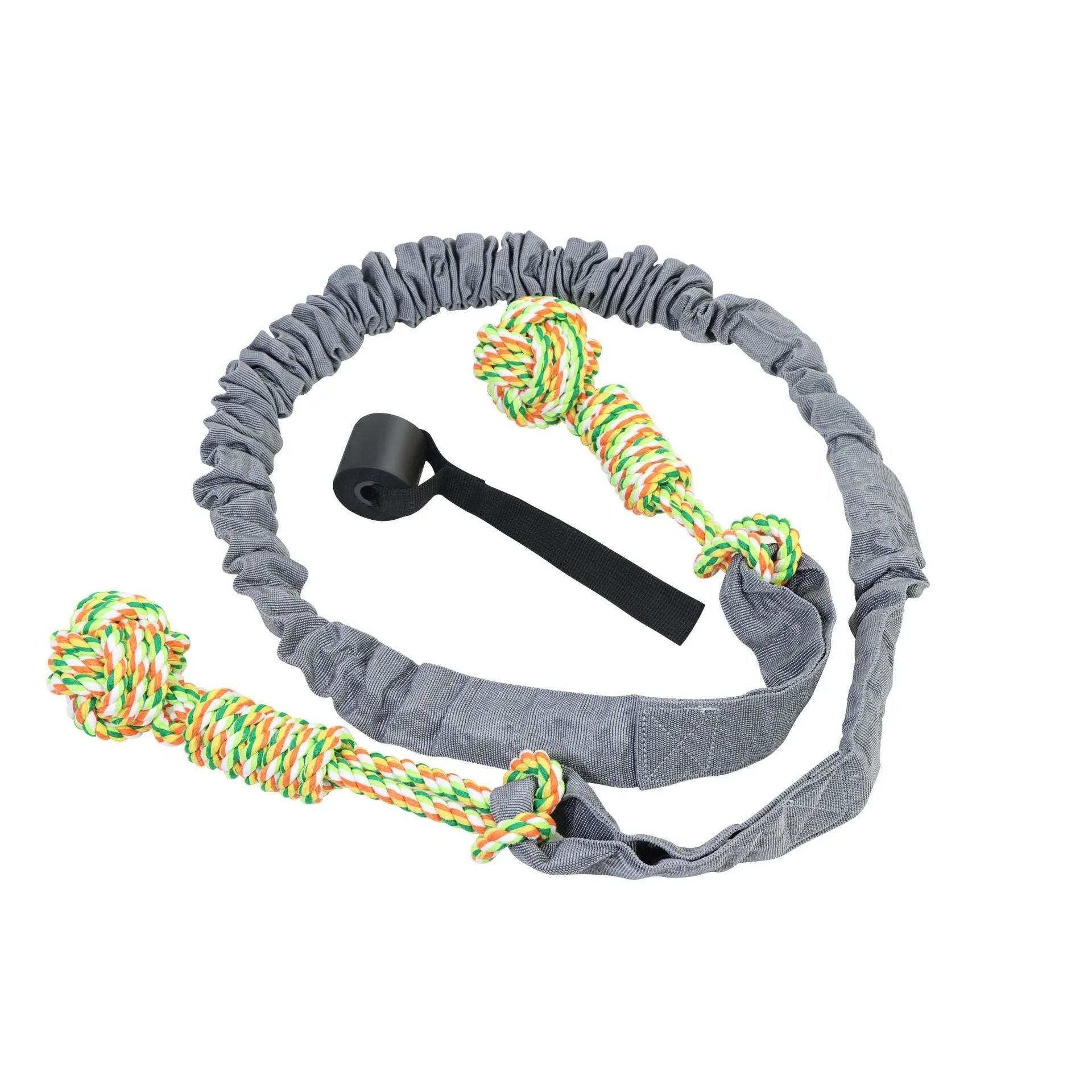 Hand-woven cotton tug rope dog toy in black, grey, or red colour.