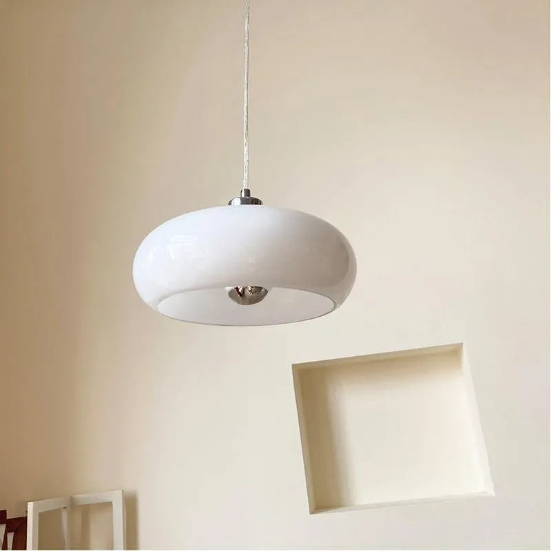 Bauhaus three-headed glass egg tart pendant light in retro style, shown in milk white.