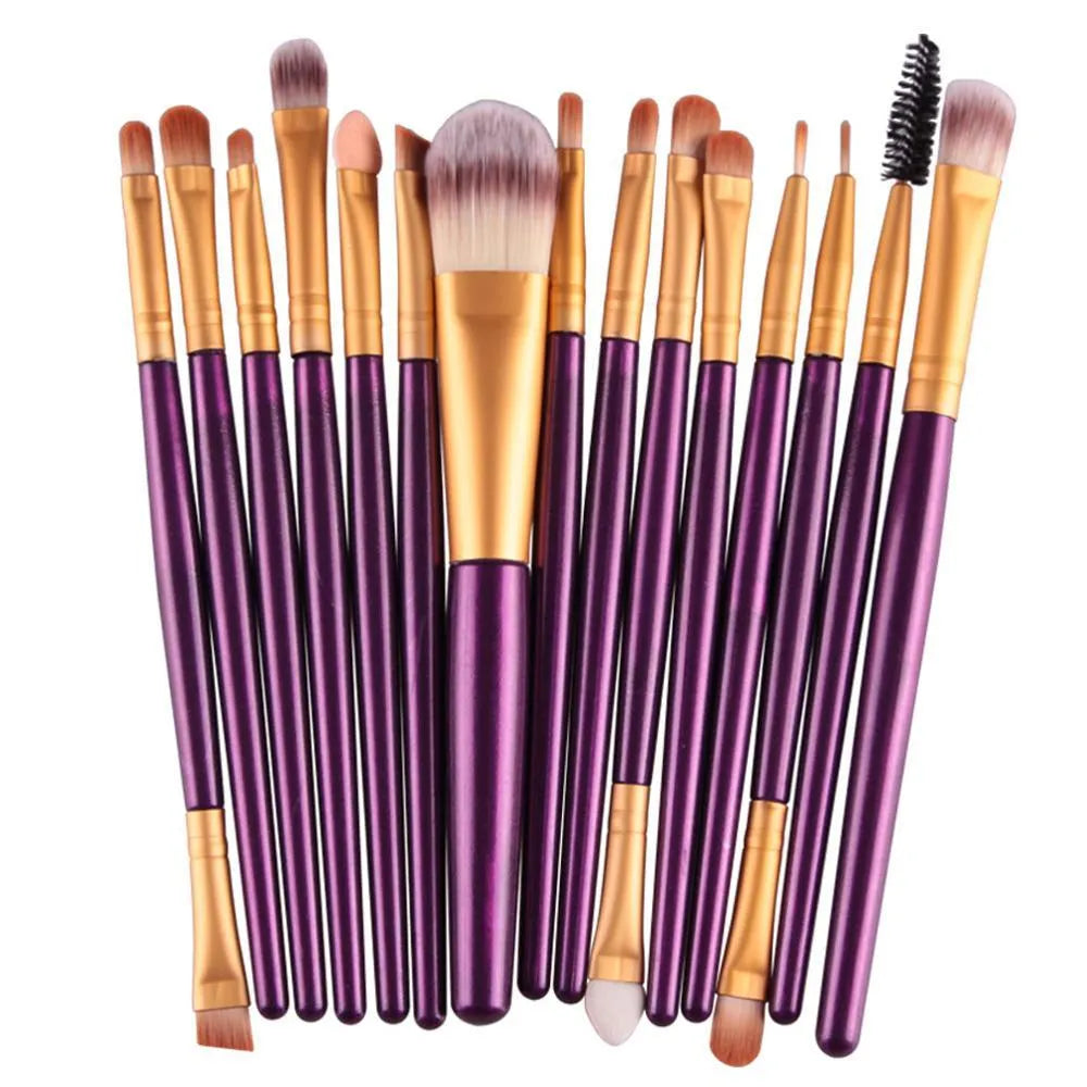 MAANGE 18-piece makeup brush set with fan-shaped cosmetic tools laid out on a table.
