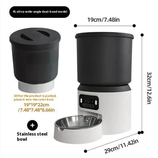 4-litre smart pet feeder with a smartphone showing remote control app and optional camera.