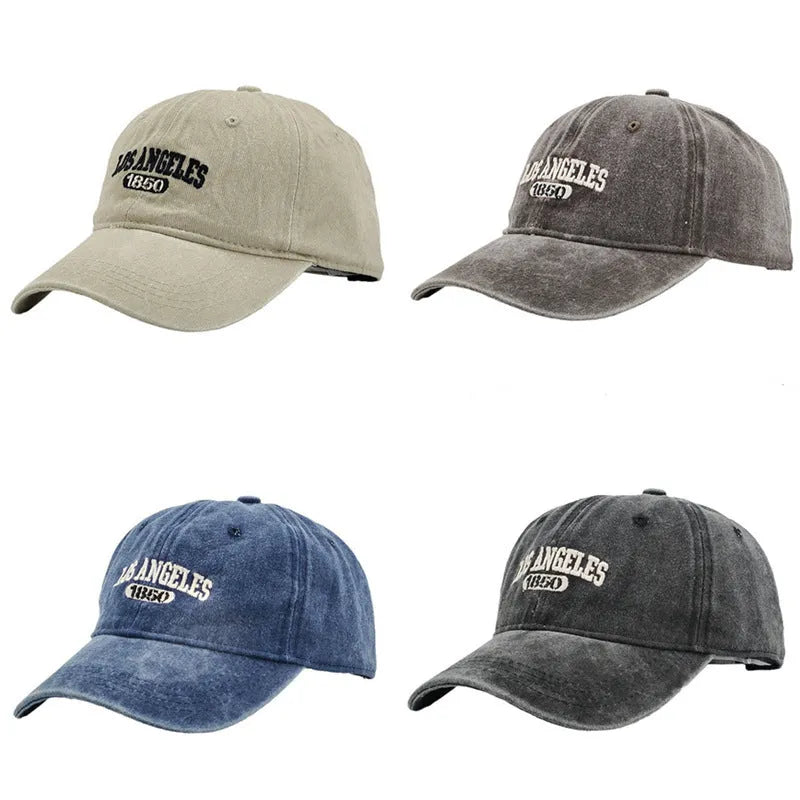 Personalised embroidered retro-style peaked cap in distressed beige with adjustable strap
