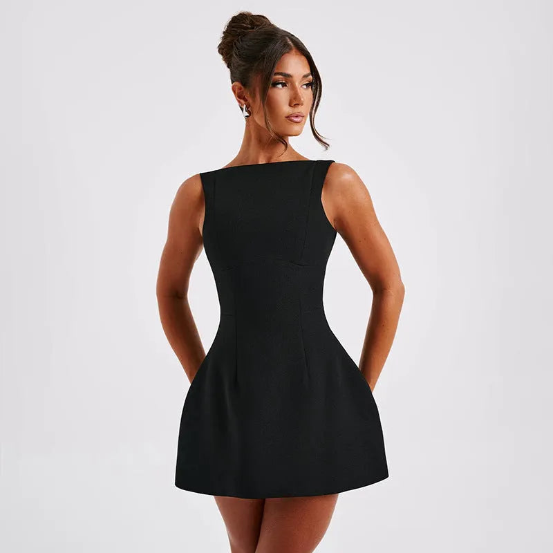 Slim-fitting backless sling dress with high waist and short skirt in a choice of colours.