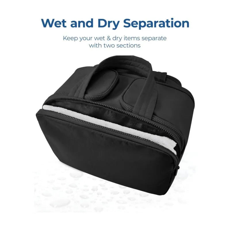 Large open-top travel toiletry bag in black polyester with fluffy texture, showing ample storage space.