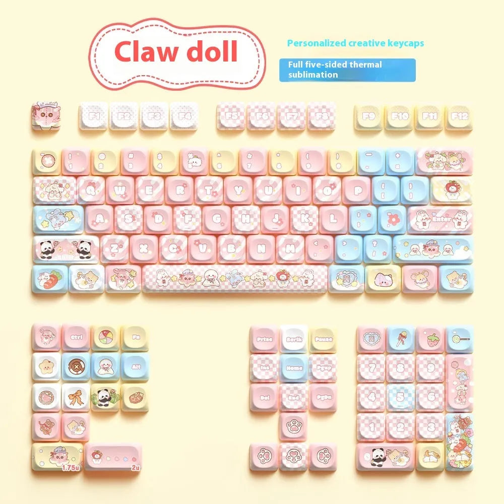 Doll theme sublimation printed PBT key cap set for mechanical keyboards in box.