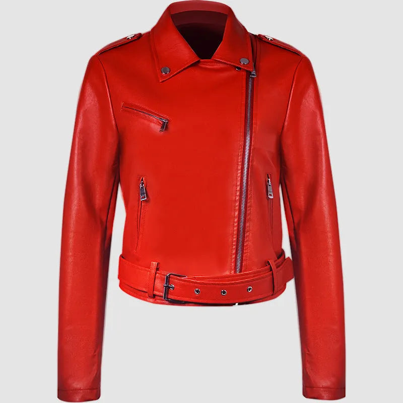 Women's black PU imitation leather motorcycle jacket with short lapel and waist belt