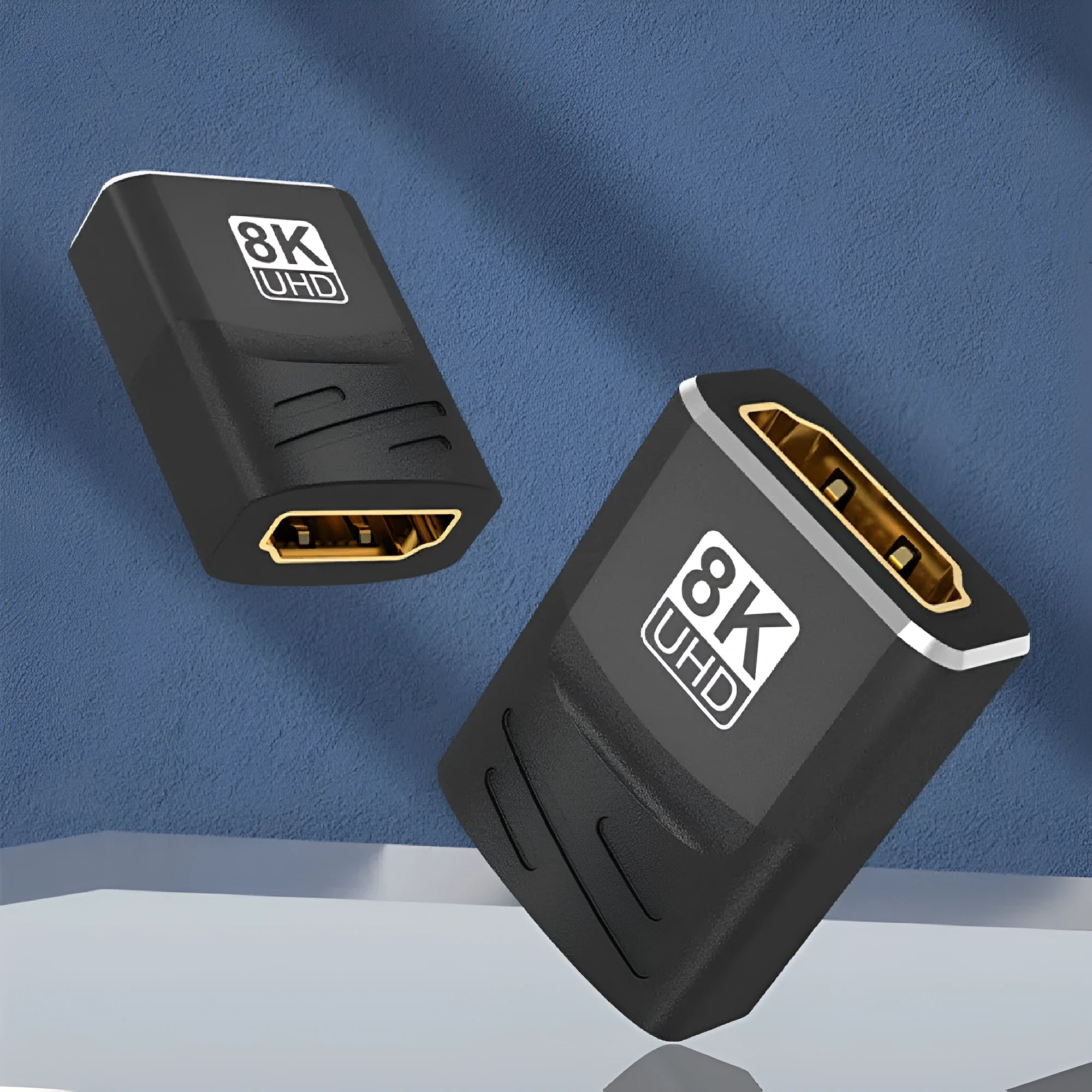 8K HDMI interface converter cable with gold-plated connectors and PVC housing on a desk