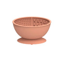 Cyan silicone pet licking mat slow feeding bowl with suction cup base showing textured surface