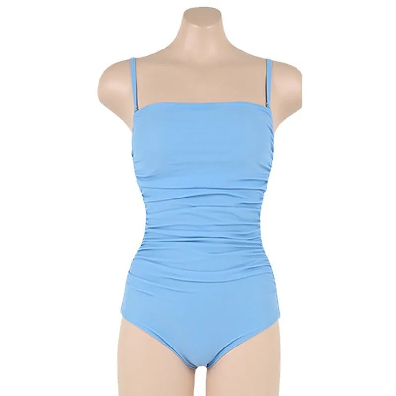 Sling neck one-piece swimsuit with belly pleating in slim-fit design, available in blue, white, yellow, and black colours