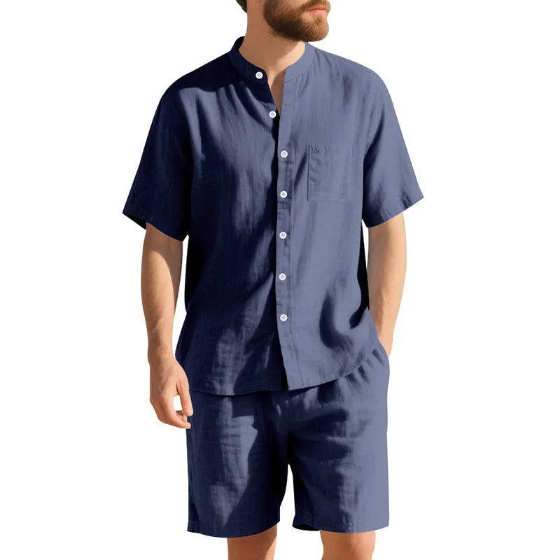 Men's light blue linen-blend summer suit with short sleeve shirt jacket and matching shorts on a hanger.