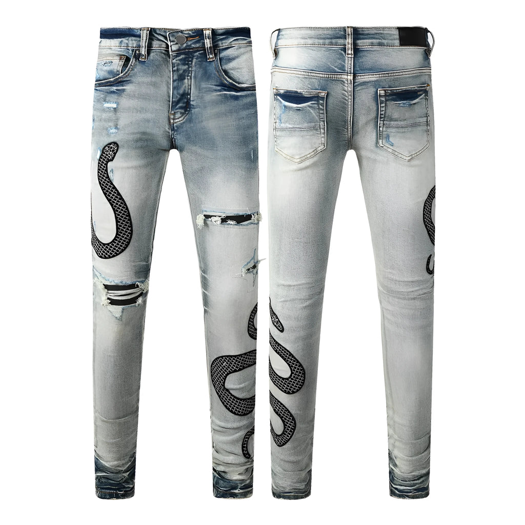 Men's blue distressed skinny jeans with a wash effect and button fly