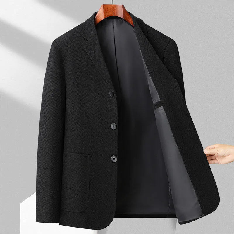 Men's loose fit solid colour wool blend coat for spring and autumn in black, khaki, gray, or dark blue.