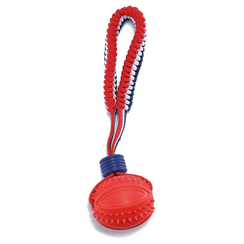 Blue or red natural rubber dog ball with rope attachment, showing textured surface and 29cm total length