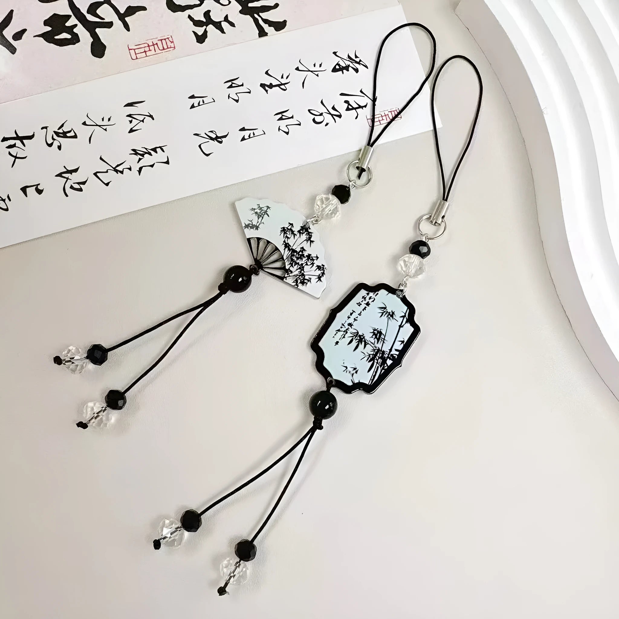 Guofeng Chinese floral bead pendant keychain with baking varnish finish in Fan colour option